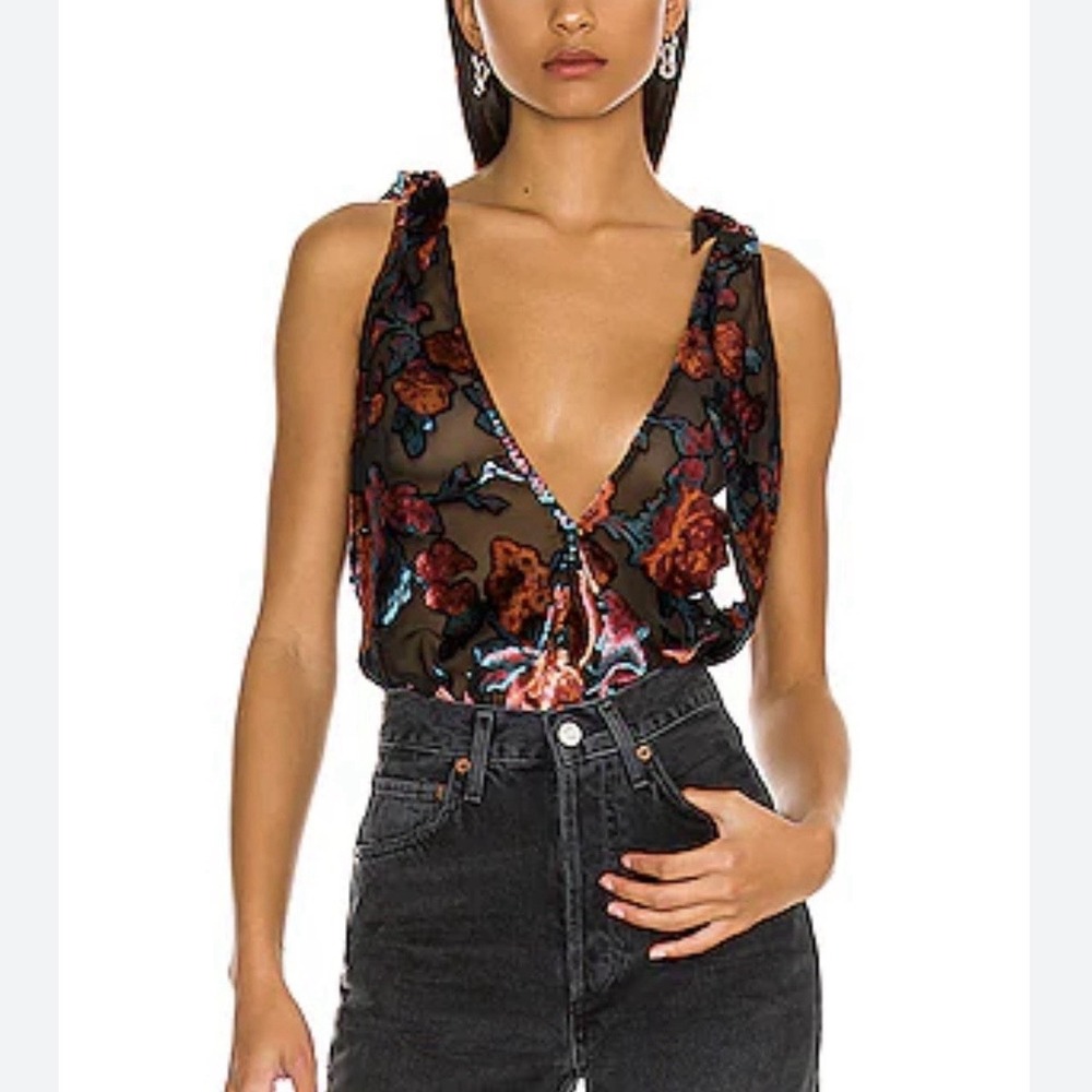 Free People Tied To You‎ Floral Velvet Top Size Medium Sheer Boho Festival